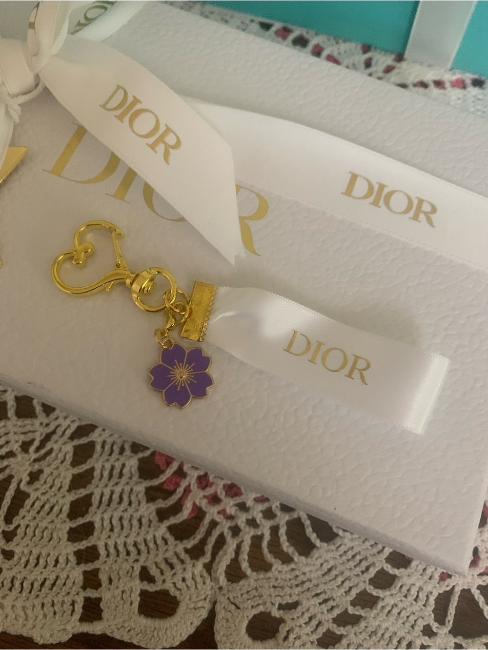 Dior Purple Flower Gold-Tone Key & Card Charm